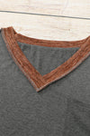 Brown V Neck Color Block Patchwork Loose Pullover-Tops-MomFashion