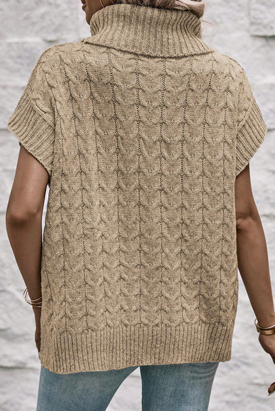 Light French Beige Cable Knit Turtleneck Batwing Sleeve Sweater-Tops-MomFashion