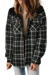 Black Plaid Pattern Sherpa Lined Hooded Shacket-Outerwear-MomFashion