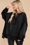 Black Oversized Exposed Seam Henley Sweatshirt-Tops-MomFashion