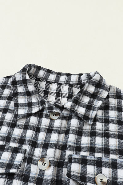 Black Plaid Print Chest Pockets Buttoned Tunic Shacket-Outerwear-MomFashion