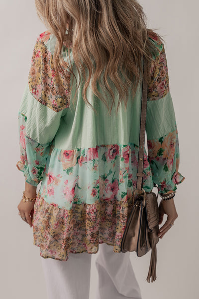 Green Printed Floral Patchwork Frilled Split Neck Blouse-Tops-MomFashion