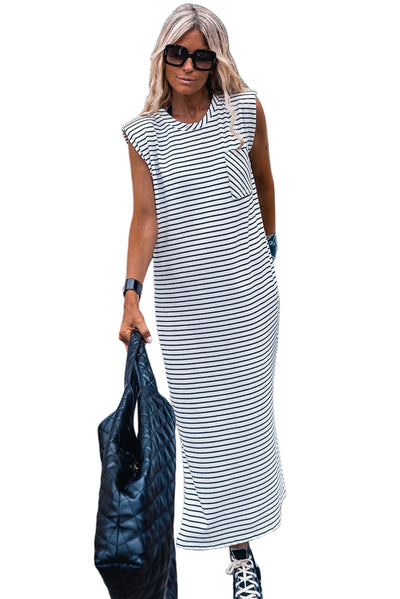 Black Stripe Chest Pocket Shoulder Padded Sleeveless Long Dress-Dresses-MomFashion