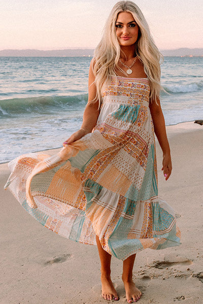 Multicolor Boho Patchwork Print Square Neck Sundress-Dresses-MomFashion