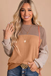 Khaki Color Block Long Sleeve Ribbed Loose Top-Tops-MomFashion