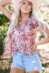 White Floral Ruffled Short Sleeve V Neck Blouse-Tops-MomFashion