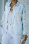 Sky Blue Contrast Leopard Denim Jacket-Outerwear-MomFashion