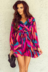 Fiery Red Abstract Printed Belted Puff Sleeve Mini Dress-Dresses-MomFashion