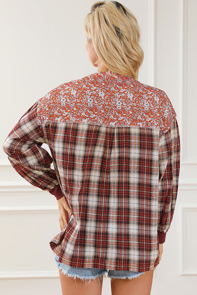 Fiery Red Floral Plaid Mixed Print Bishop Sleeve Patchwork Top-Tops-MomFashion