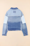 Sky Blue Color Block Denim Patchwork Frayed Hem Jacket-Outerwear-MomFashion