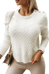 White Textured Knit Button Decor Pullover Sweater-Tops-MomFashion