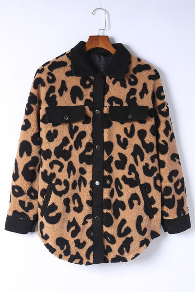 Black Contrast Trimmed Leopard Teddy Shacket-Outerwear-MomFashion