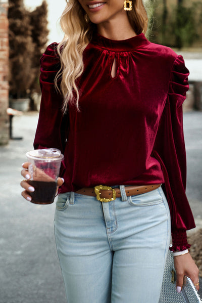 Fiery Red Mock Neck Puff Sleeve Velvet Blouse-Tops-MomFashion