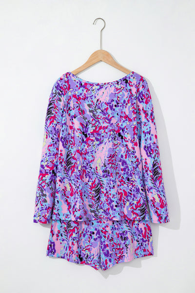 Purple Floral Long Sleeve Top and Drawstring Shorts Set-Loungewear-MomFashion