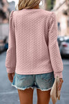 Light Pink Cable Textured Puff Sleeve Sweatshirt-Tops-MomFashion