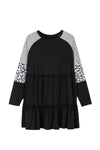 Black Plus Size Striped Leopard Patch Sleeve Ruffle Tiered Dress-Plus Size-MomFashion