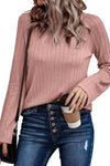 Pink Ribbed Round Neck Knit Long Sleeve Top-Tops-MomFashion