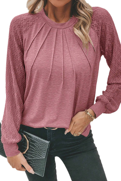 Rose Pink Contrast Lace Raglan Sleeve Plicate Round Neck Top-Tops-MomFashion