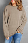 Khaki Solid Ribbed Knit Round Neck Pullover Sweatshirt-Tops-MomFashion