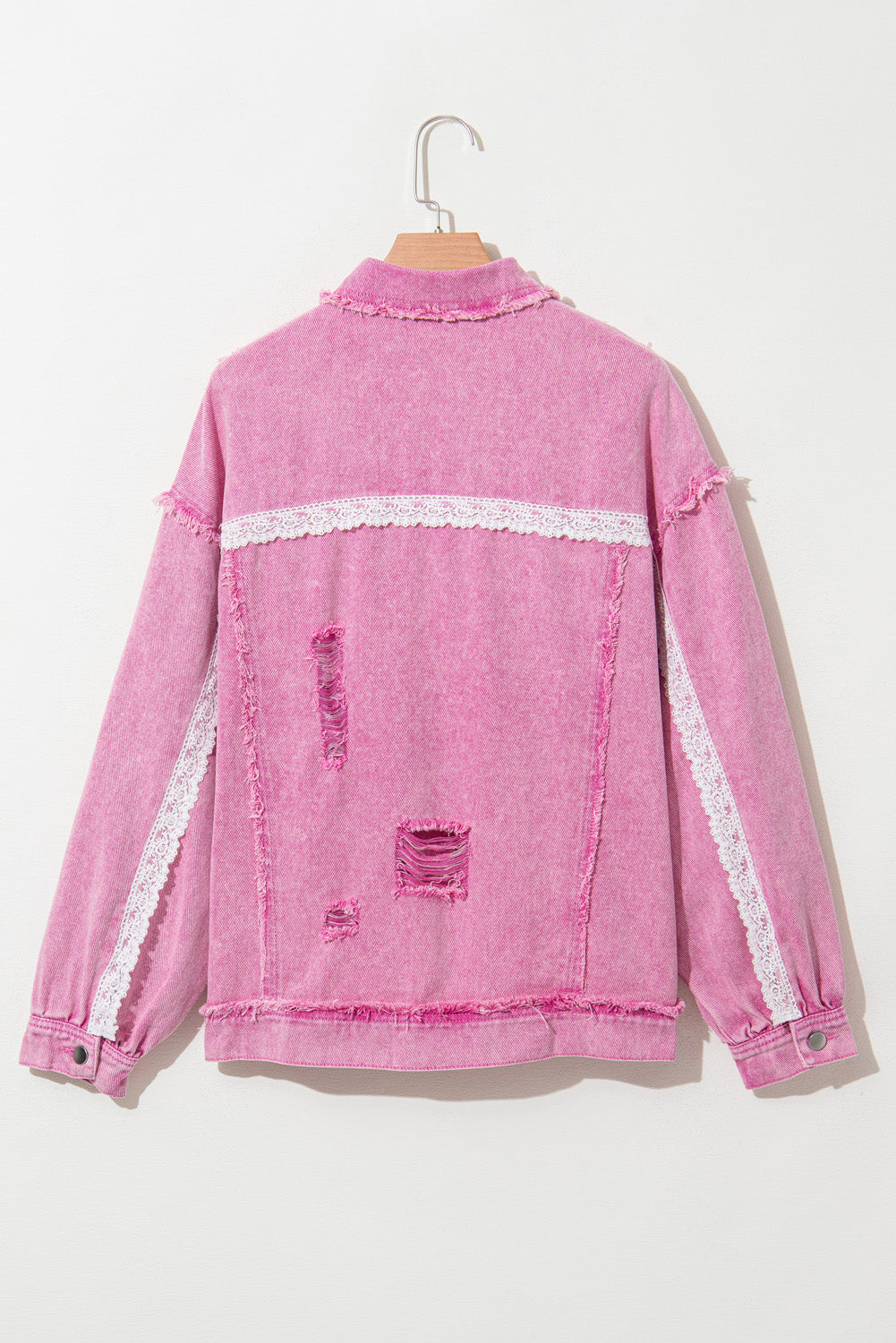 Pink Lace Patchwork Distressed Buttoned Denim Jacket-Outerwear/Denim jackets-MomFashion