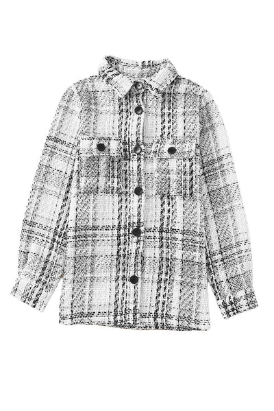 White Plaid Print Pocketed Shirt Jacket-Outerwear-MomFashion