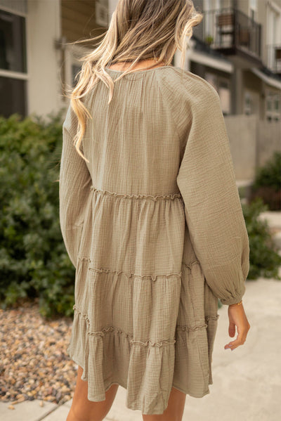 Pale Khaki Cotton Crepe V Neck Frill Tiered Mini Dress-Dresses-MomFashion