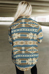 Blue Western Aztec Print Button Flap Pocket Shacket-Outerwear-MomFashion