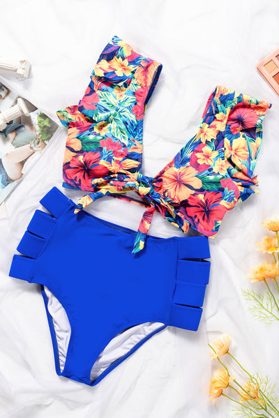 Floral Print Front Tie High Waist Bikini Swimsuit with Ruffles-Swimwear-MomFashion