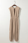 Light French Beige Cap Sleeve Open Back Drawstring Jogger Jumpsuit-Bottoms-MomFashion