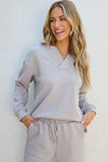 Light Grey Solid Textured Collared V Neck Top and Wide Leg Pants Set-Two Piece Sets/Pant Sets-MomFashion