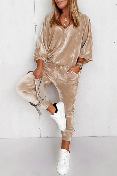 Parchment Velvet Zipped Top and Joggers Two Piece Set-Loungewear-MomFashion