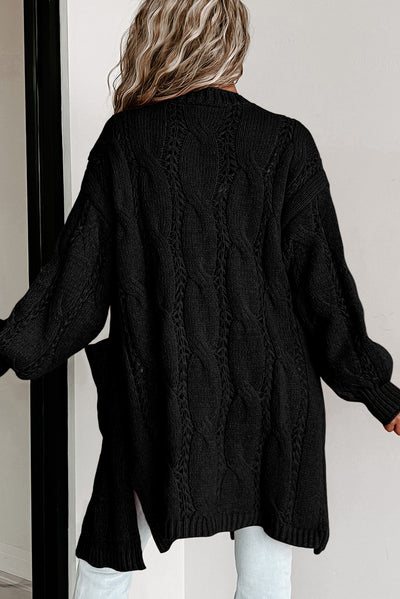 Black Ribbed Trim Eyelet Cable Knit Cardigan-Tops-MomFashion