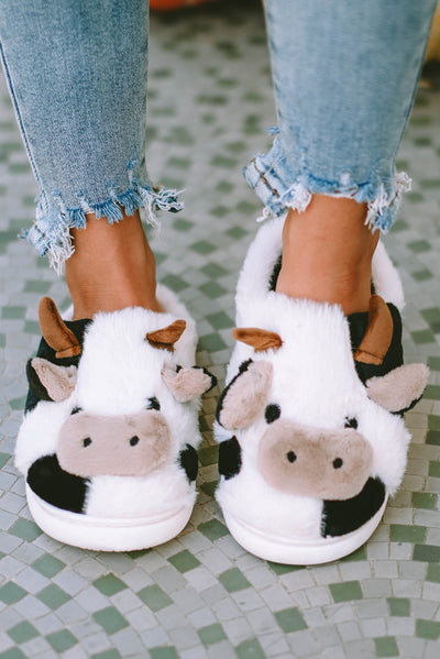 White Cartoon Animal Cow Plush Slippers-Shoes & Bags-MomFashion