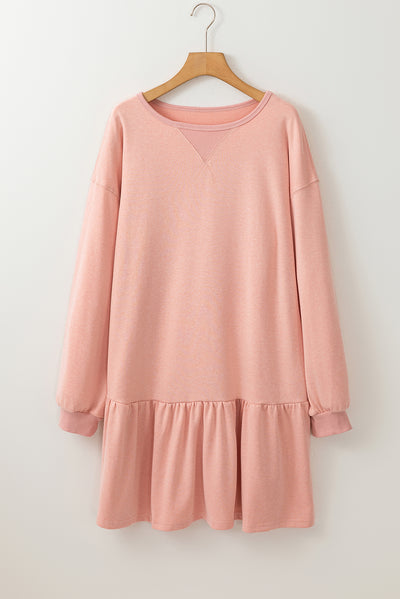 Dusty Pink Solid Color Puff Sleeve Ruffle Hem Mini Dress-Dresses-MomFashion