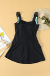 Black Floral Trim Ruched Tummy Control One Piece Swimdress-Swimwear-MomFashion