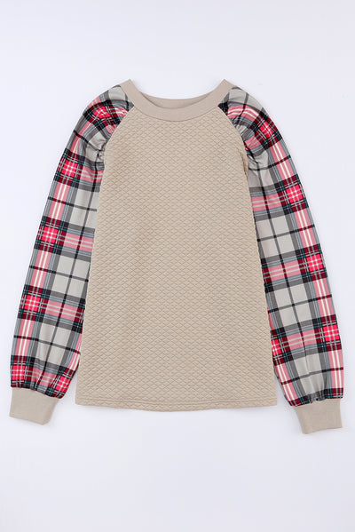 Apricot Plaid Raglan Sleeve Sweatshirt-Tops-MomFashion