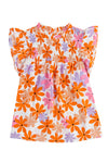 Orange Ruffled Sleeve Smocked Floral Top-Tops-MomFashion