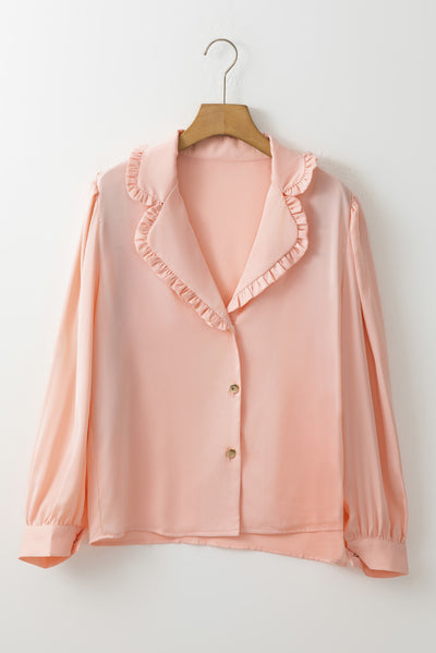 Pink Frilled Lapel Collar Button-Up Puff Sleeve Shirt-Tops-MomFashion