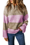 Rose Stripe Crew Neck Wide Sleeve Colorblock Sweater-Tops-MomFashion