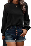 Black Lace Long Sleeve Textured Pullover-Tops-MomFashion