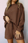 Brown Textured Long Sleeve Top and Drawstring Shorts Set-Loungewear-MomFashion