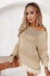 Khaki Boho Tasseled Knitted Sweater-Tops-MomFashion