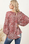 Fiery Red Pleated Lantern Sleeve Abstract Print Blouse-Tops-MomFashion