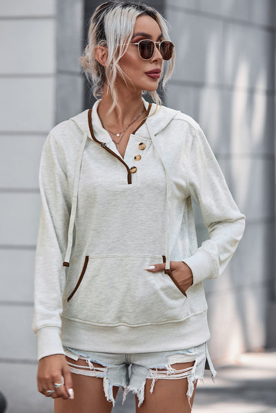 Beige Drawstring Kangaroo Pocket Henley Hoodie-Tops-MomFashion