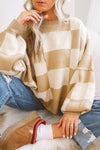 Khaki Checkered Bishop Sleeve Sweater-Tops-MomFashion