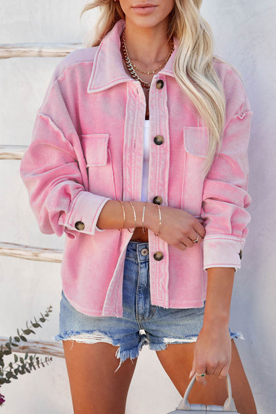 Pink Turn-Down Collar Pockets Shirt Jacket-Outerwear-MomFashion