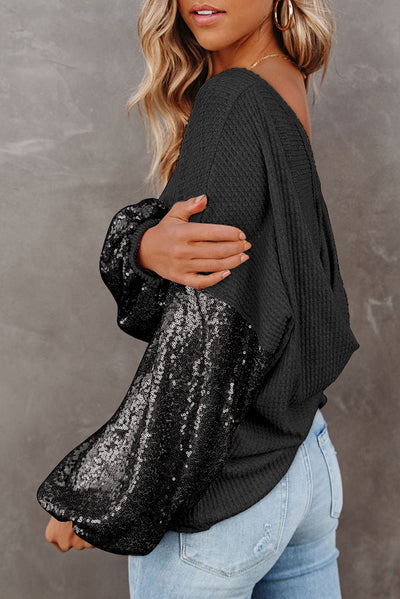 Black Sequin Patchwork Sleeve Open Back Waffle Knit Top-Tops-MomFashion