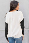 Black Long Sleeve Colorblock Chest Pocket Textured Knit Top-Tops-MomFashion