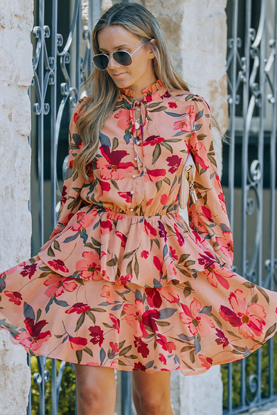 Red Frilled Collar Long Sleeve Floral Dress with Ruffle-Dresses-MomFashion