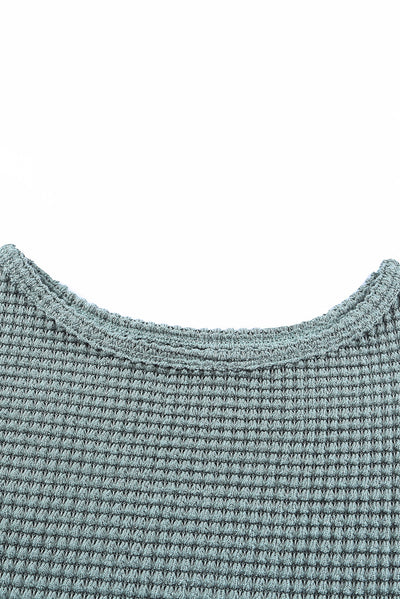 Green Waffle Knit Drop Shoulder Long Sleeve Top-Tops-MomFashion